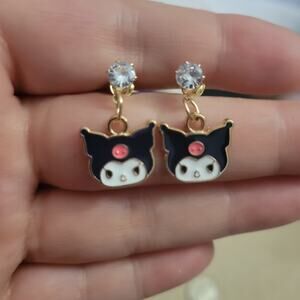 Kuromi Hello Kitty Sanrio black white & gold tone crystal dangle post earrings
